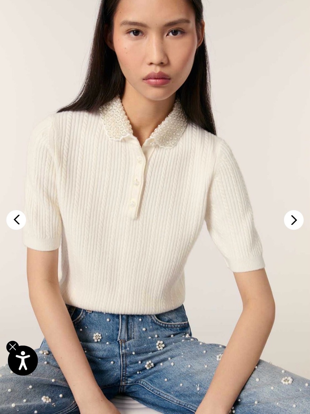 Maje Short-Sleeve Polo Sweater with Beaded Collar